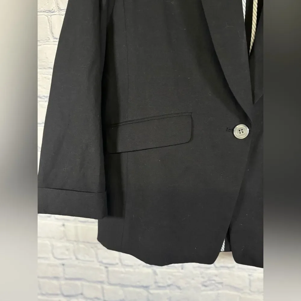 J Crew Black Classic Preppy Career Cotton Linen Blend One Button Boxy Blazer 12